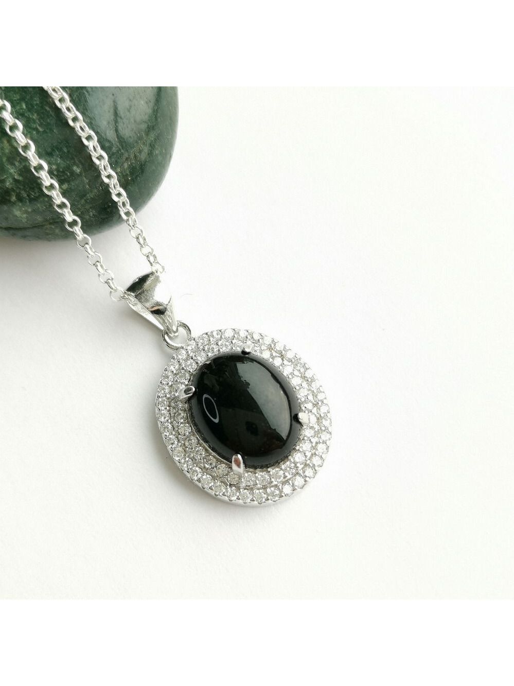 Black onyx CZ Halo Pendant Necklace sterling silver 🆕